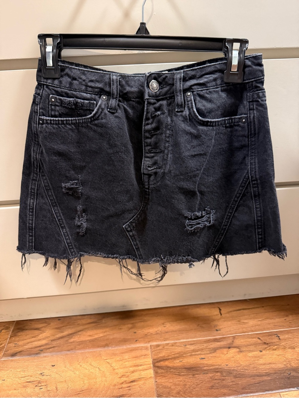 We The Free Black Distressed Denim Mini Skirt